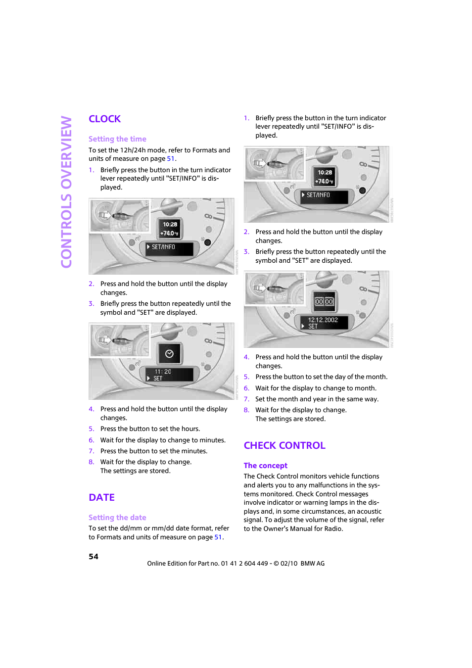 Clock, Date, Check control | Controls overview | Mini 2010 Clubman User Manual | Page 56 / 160