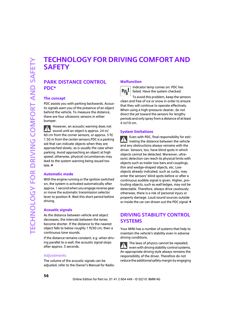 Technology for driving comfort and safety, Park distance control pdc, Driving stability control systems | Mini 2010 Clubman User Manual | Page 58 / 160