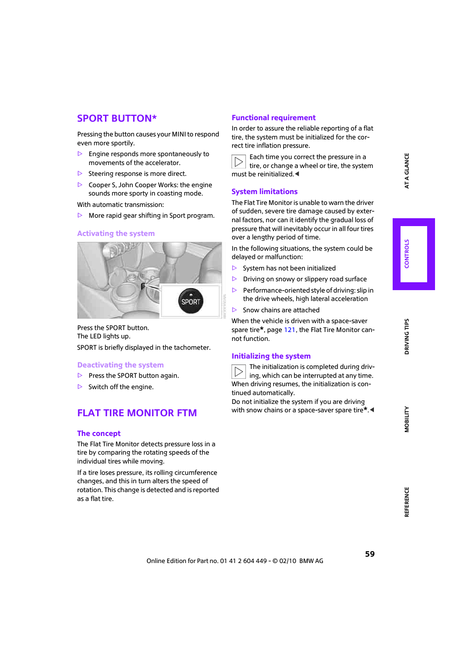 Sport button, Flat tire monitor ftm | Mini 2010 Clubman User Manual | Page 61 / 160