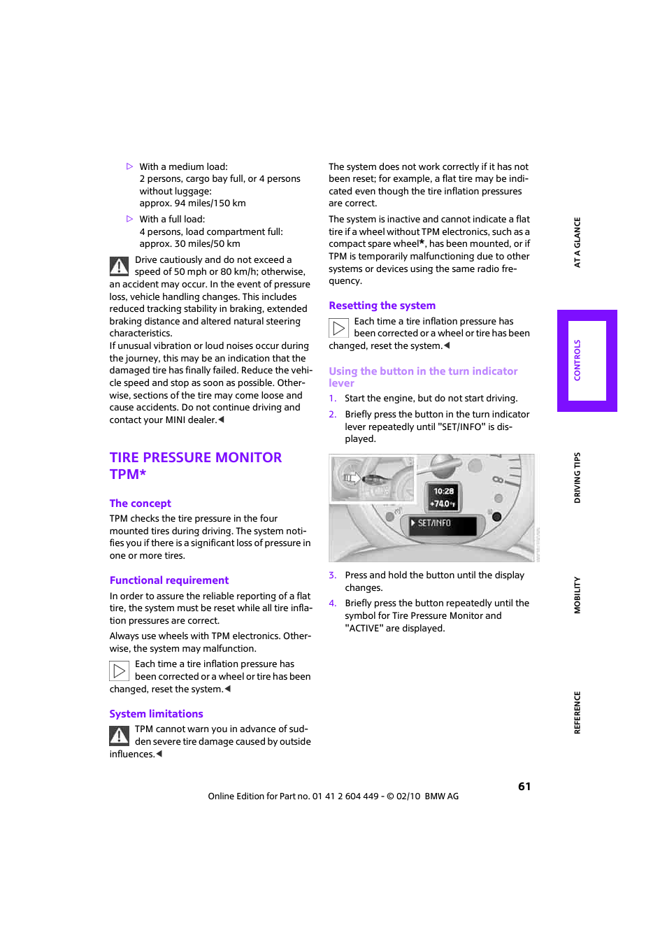 Tire pressure monitor tpm | Mini 2010 Clubman User Manual | Page 63 / 160