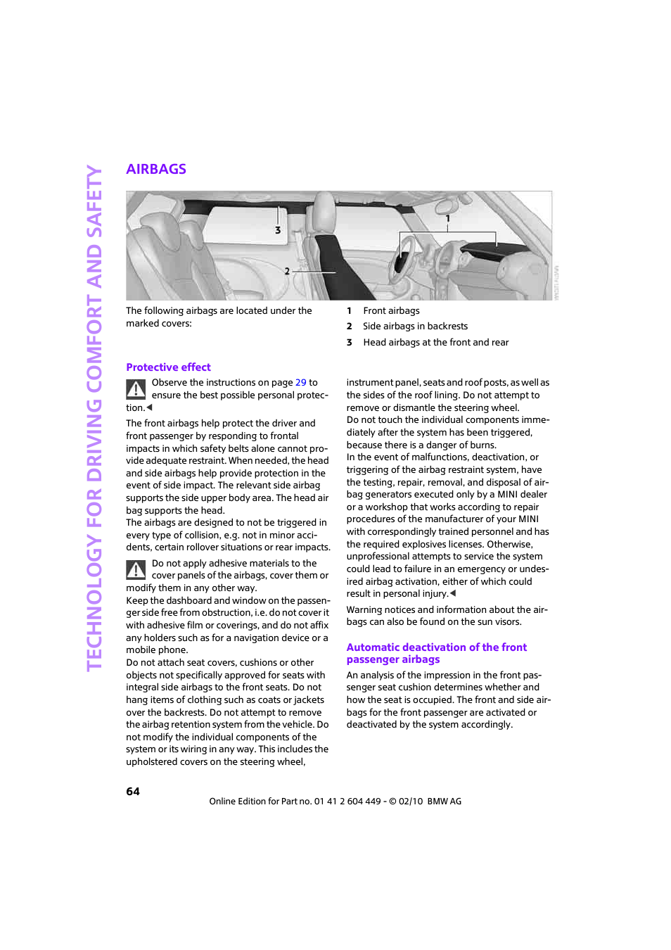 Airbags | Mini 2010 Clubman User Manual | Page 66 / 160