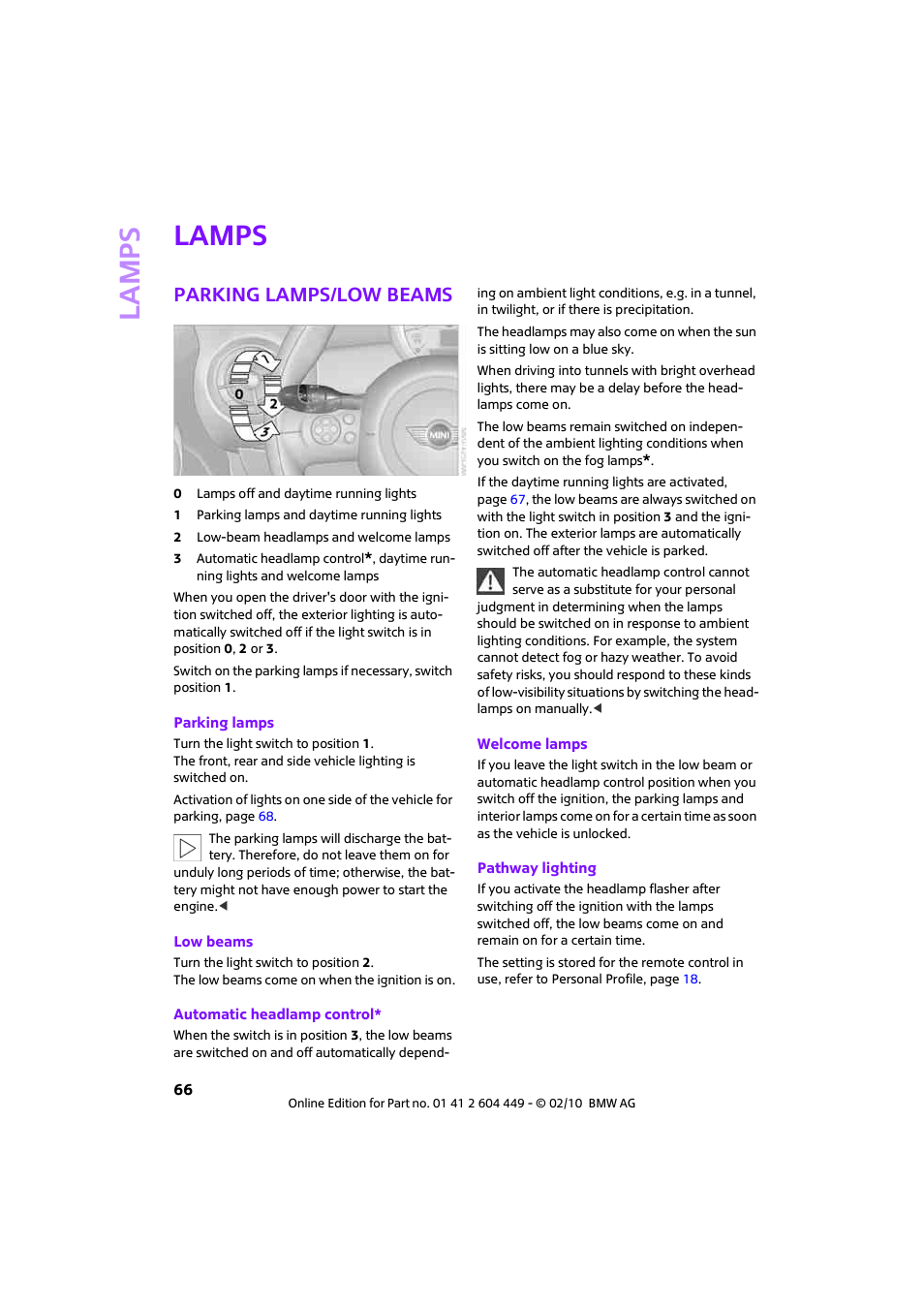 Lamps, Parking lamps/low beams, Lamp s | Mini 2010 Clubman User Manual | Page 68 / 160