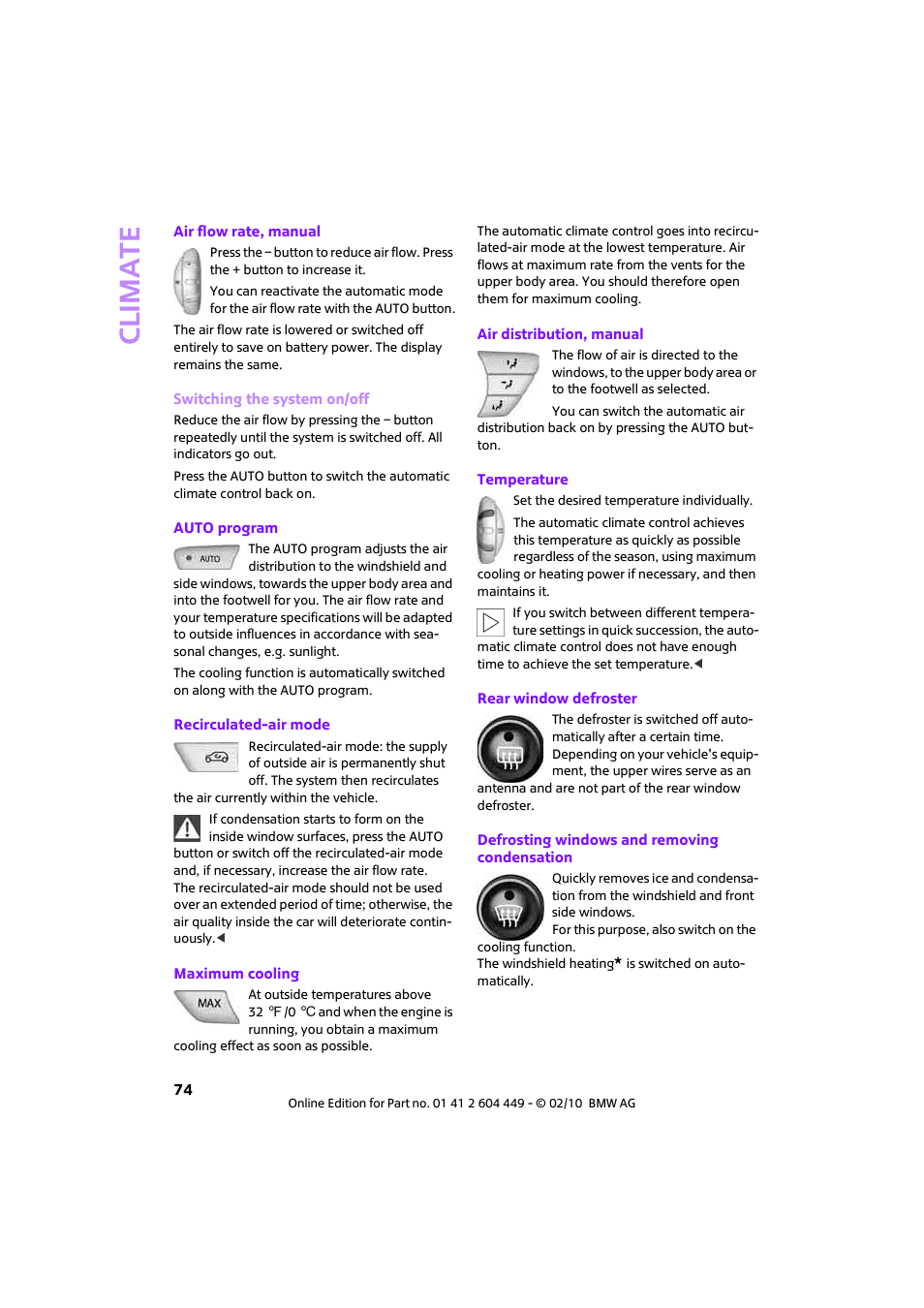 Auto program, Climat e | Mini 2010 Clubman User Manual | Page 76 / 160