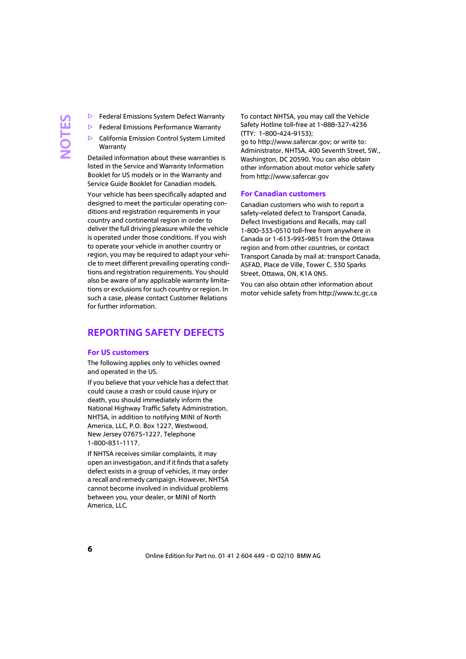 Reporting safety defects, No te s | Mini 2010 Clubman User Manual | Page 8 / 160