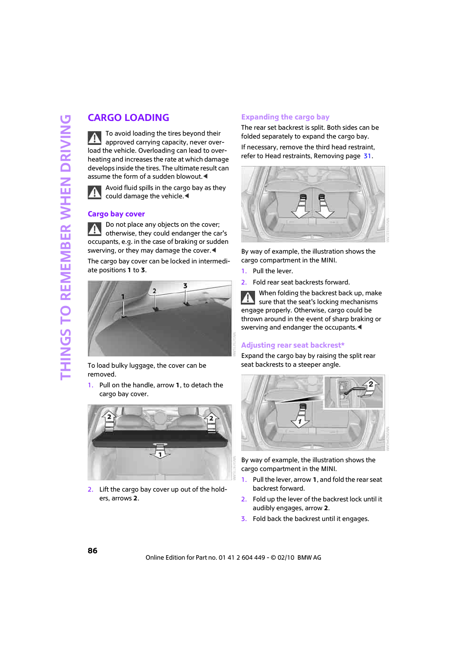 Cargo loading, Things to remember when driving | Mini 2010 Clubman User Manual | Page 88 / 160