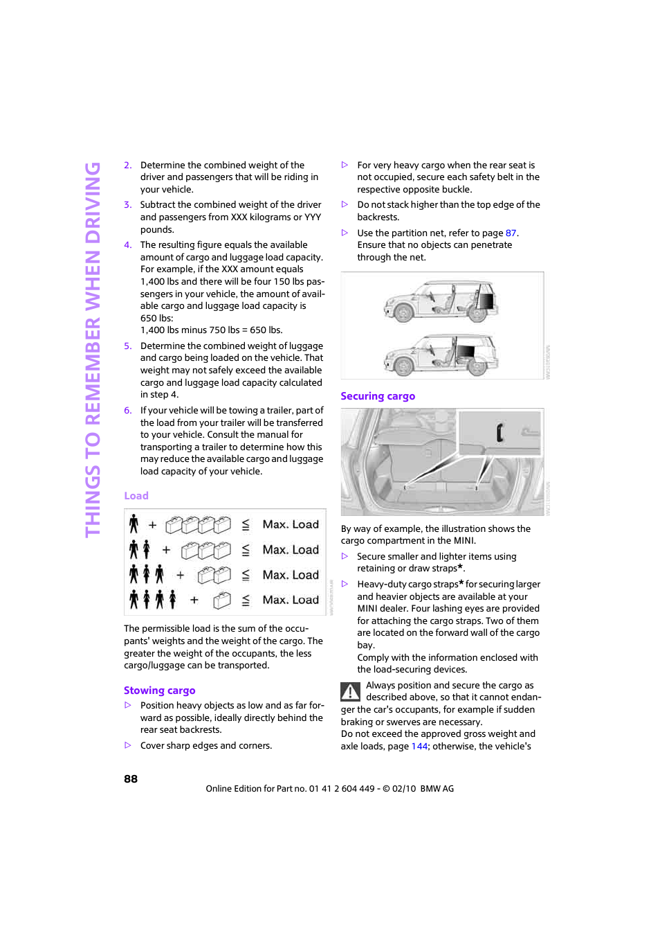 Things to remember when driving | Mini 2010 Clubman User Manual | Page 90 / 160