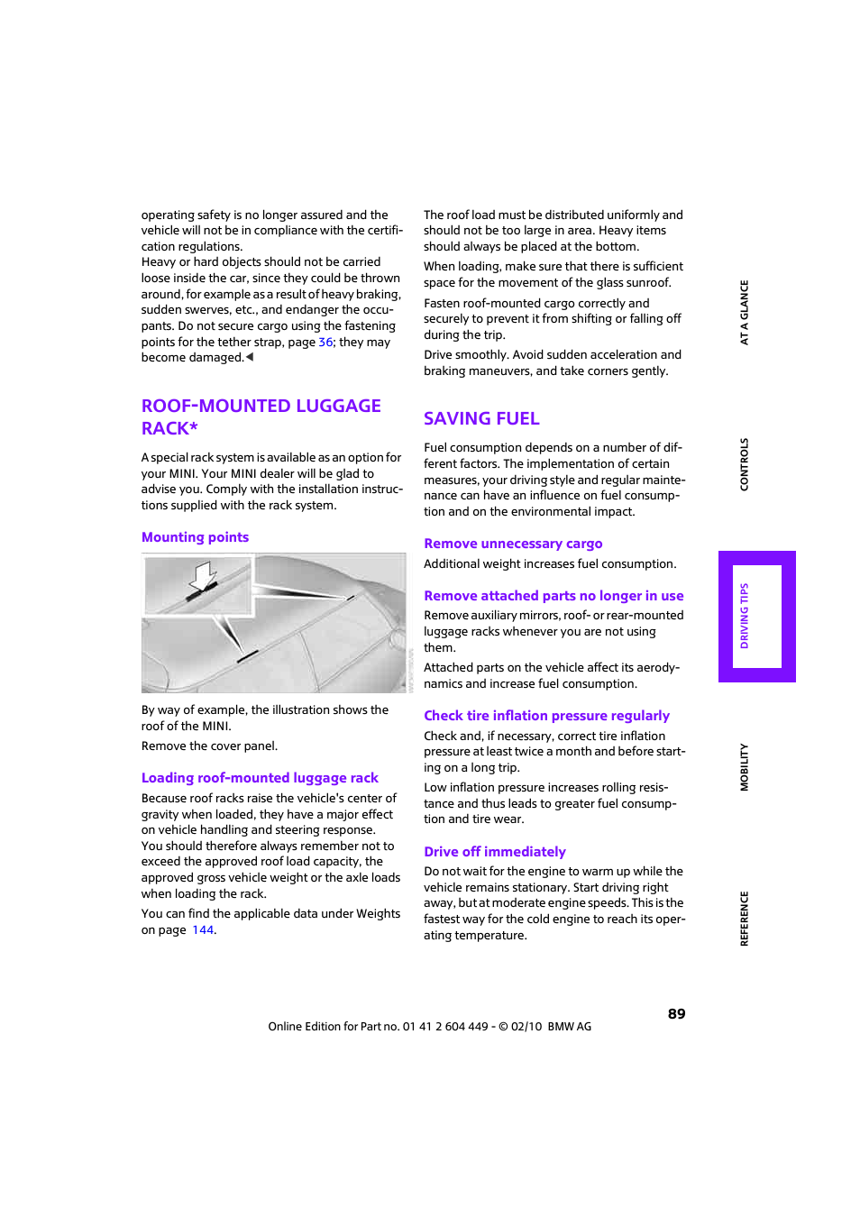 Roof-mounted luggage rack, Saving fuel | Mini 2010 Clubman User Manual | Page 91 / 160