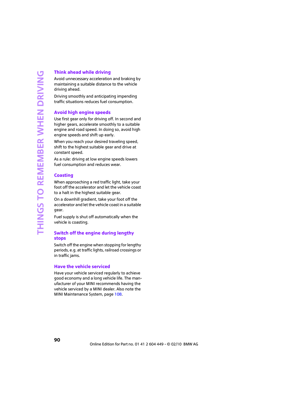 Things to remember when driving | Mini 2010 Clubman User Manual | Page 92 / 160