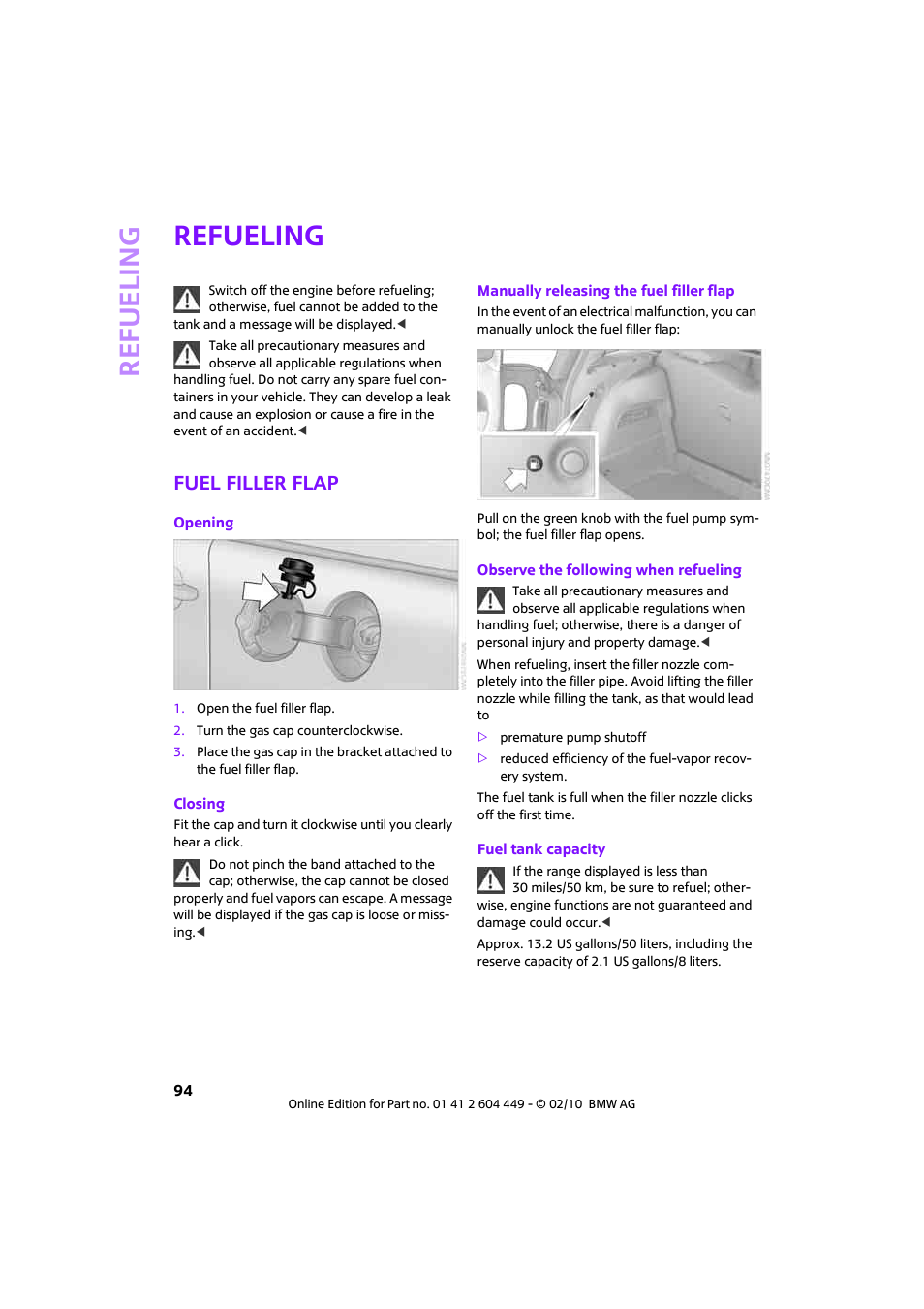 Refueling, Fuel filler flap | Mini 2010 Clubman User Manual | Page 96 / 160