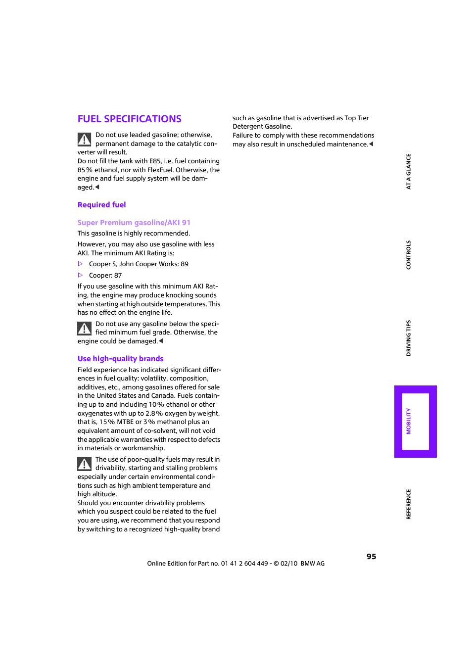 Fuel specifications | Mini 2010 Clubman User Manual | Page 97 / 160