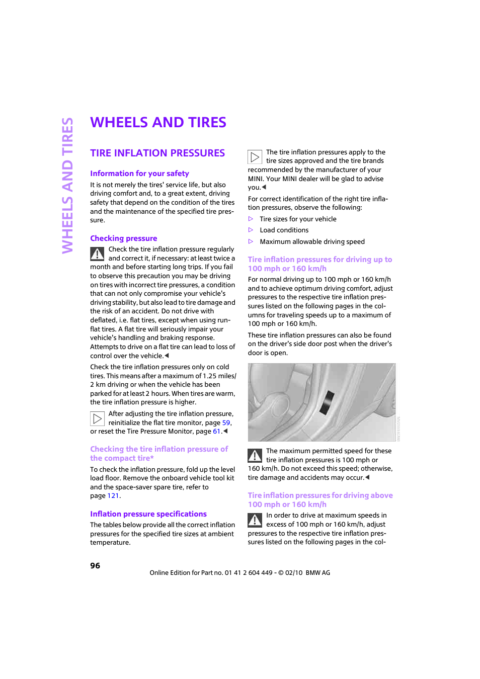 Wheels and tires, Tire inflation pressures, Whee ls and tire s | Mini 2010 Clubman User Manual | Page 98 / 160