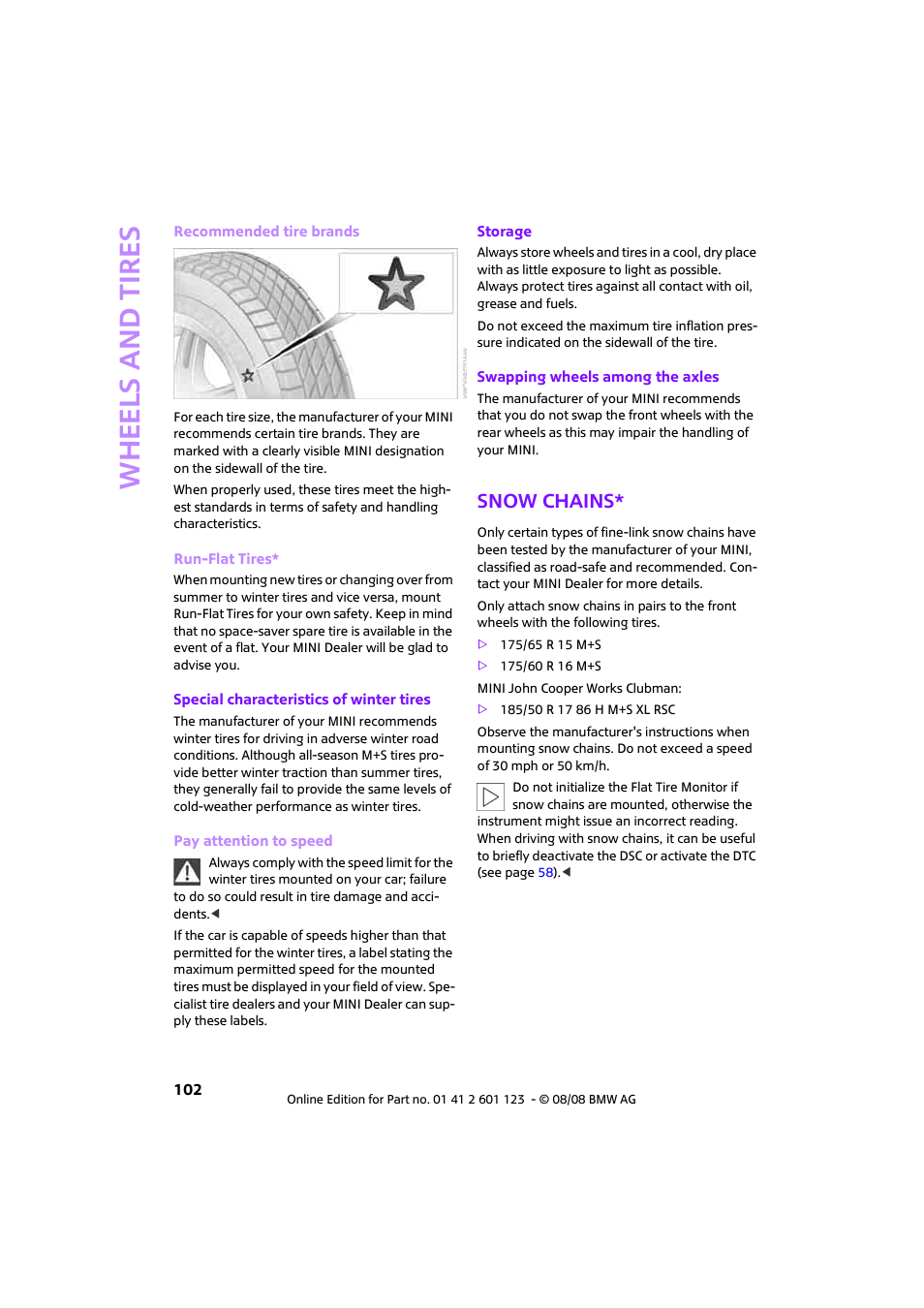 Snow chains, Whee ls and tire s | Mini 2009 Cooper User Manual | Page 104 / 160