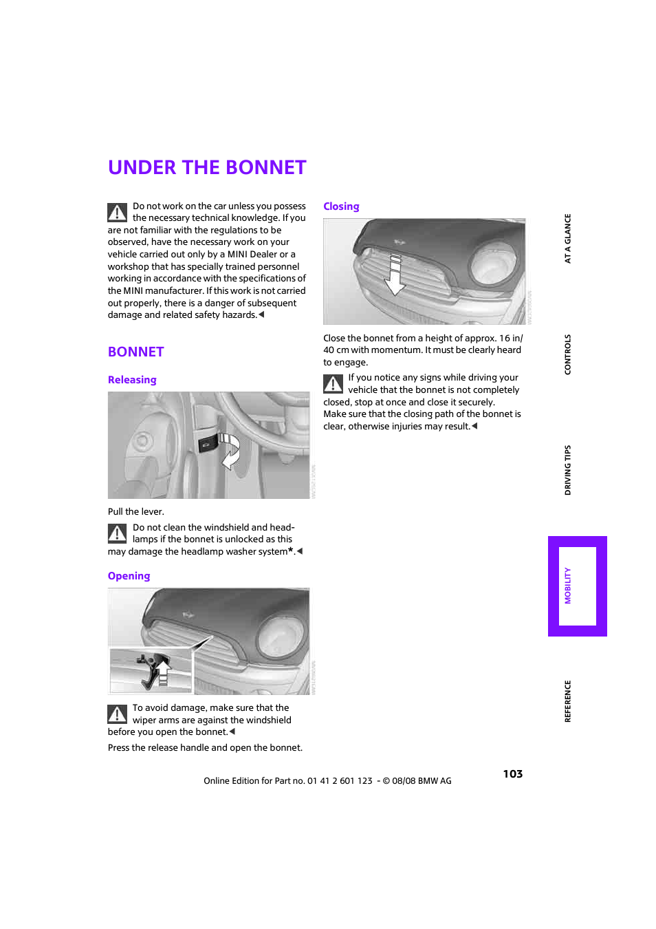 Under the bonnet, Bonnet | Mini 2009 Cooper User Manual | Page 105 / 160