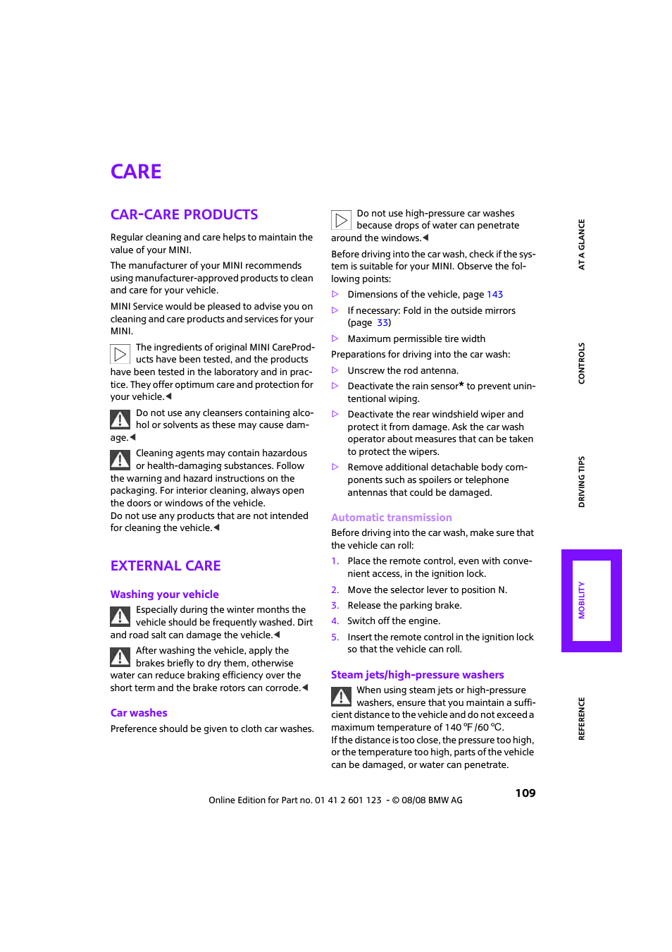 Care, Car-care products, External care | Mini 2009 Cooper User Manual | Page 111 / 160