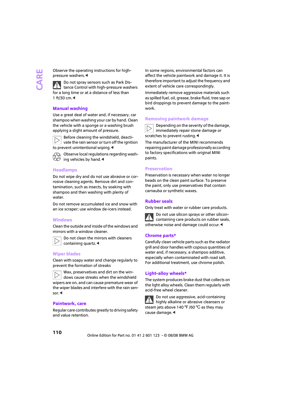 Care | Mini 2009 Cooper User Manual | Page 112 / 160