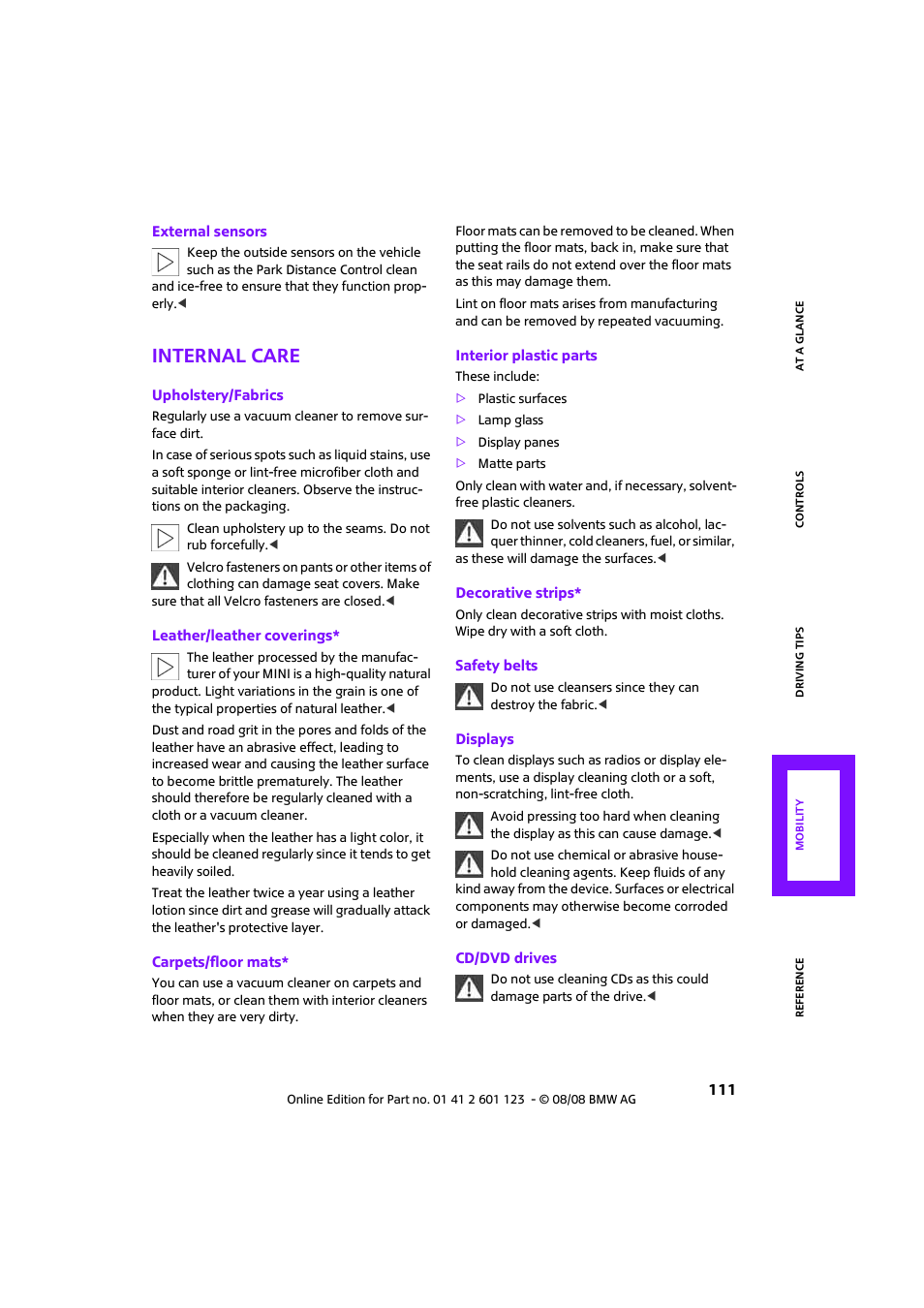 Internal care | Mini 2009 Cooper User Manual | Page 113 / 160