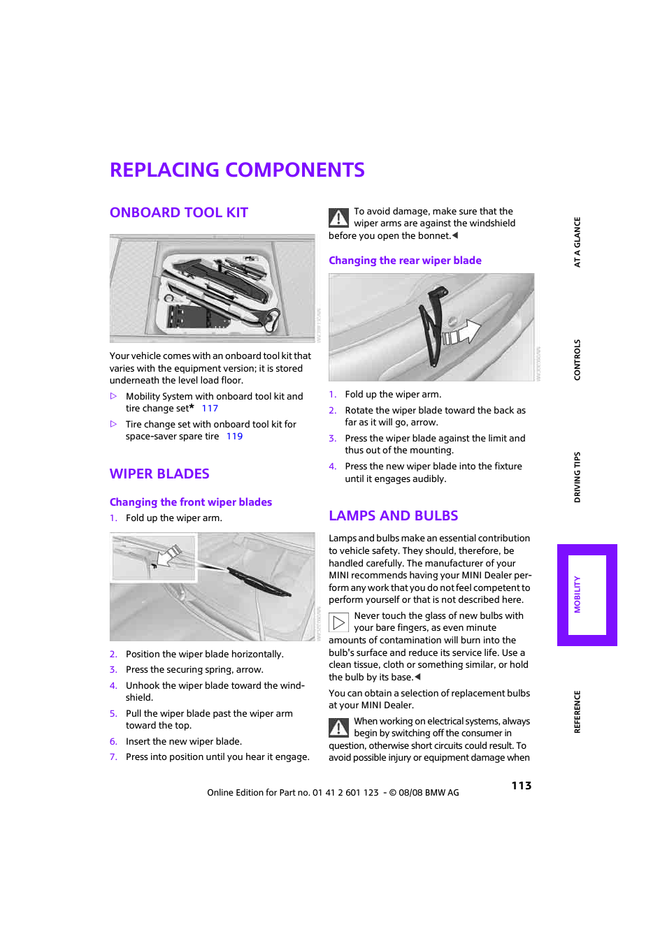 Replacing components, Onboard tool kit, Wiper blades | Lamps and bulbs | Mini 2009 Cooper User Manual | Page 115 / 160