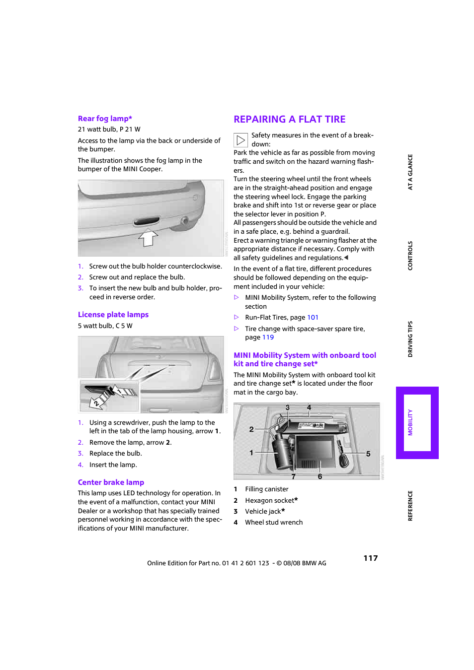 Repairing a flat tire | Mini 2009 Cooper User Manual | Page 119 / 160