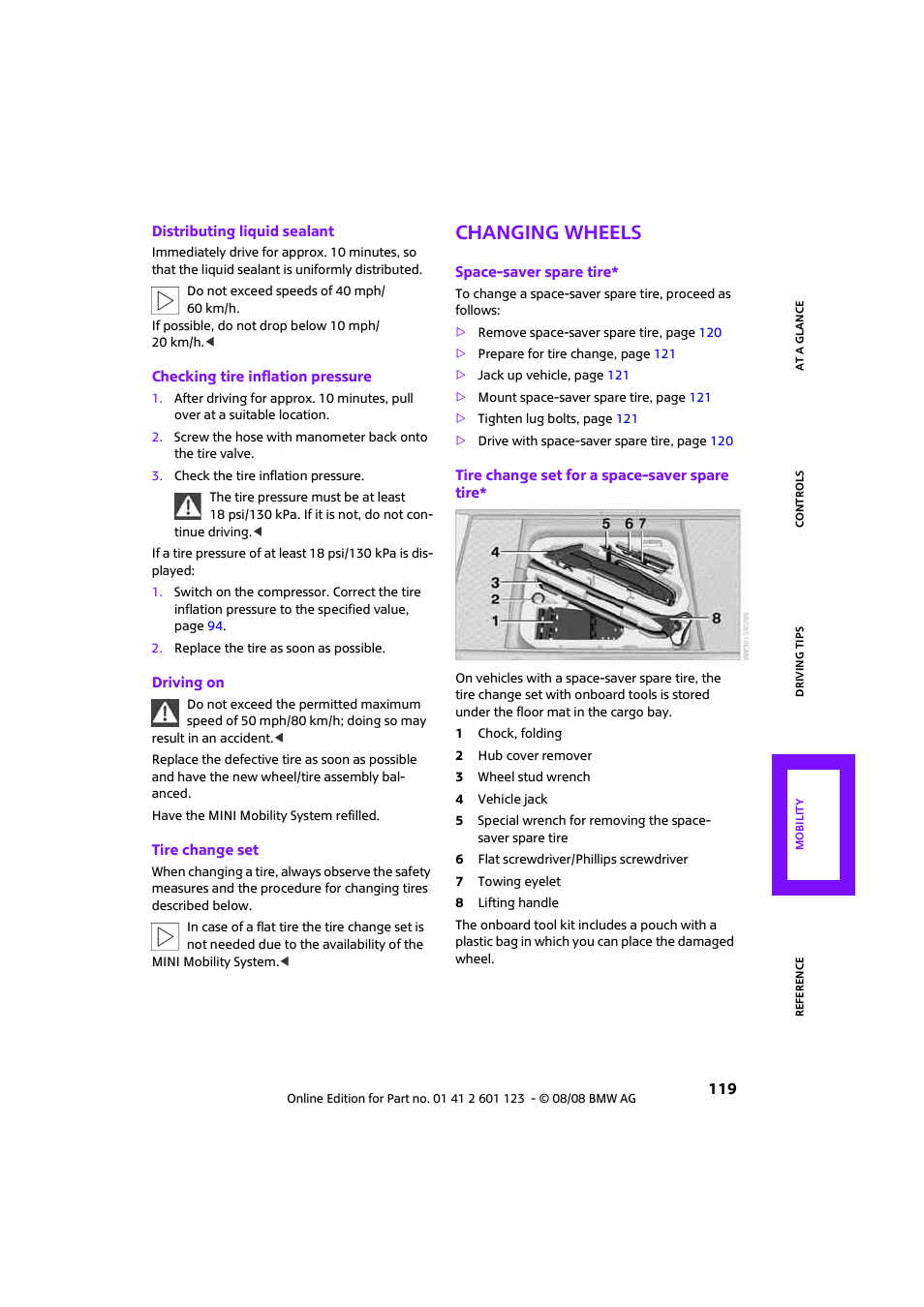 Changing wheels | Mini 2009 Cooper User Manual | Page 121 / 160