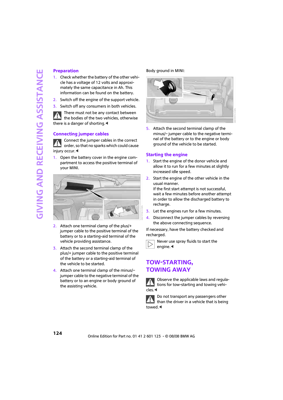 Tow-starting, towing away, Giving and receiving assi stance | Mini 2009 Cooper User Manual | Page 126 / 160