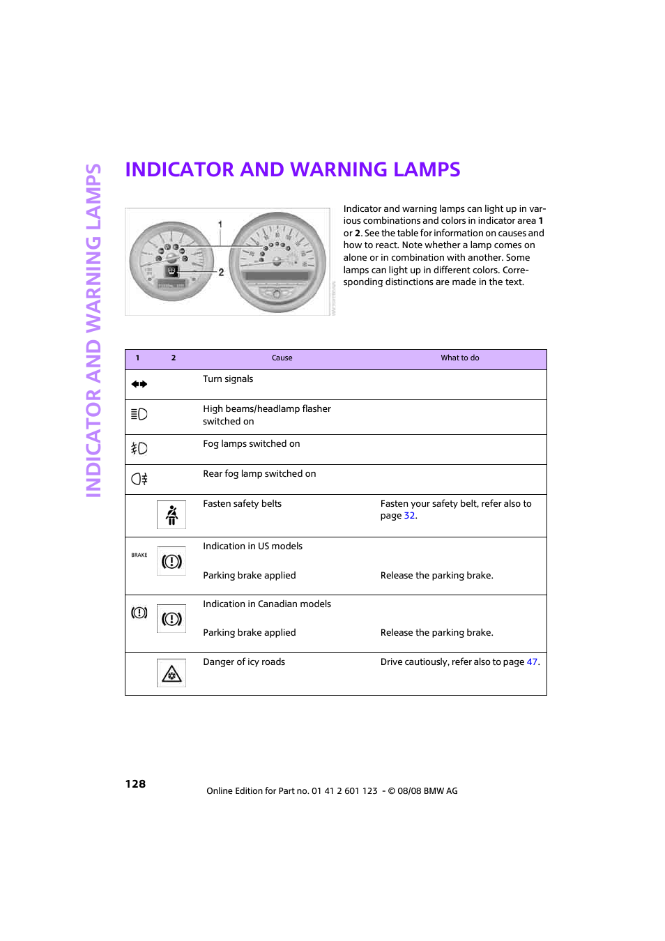 Indicator and warning lamps, Indic a to r and war n ing lamp s | Mini 2009 Cooper User Manual | Page 130 / 160