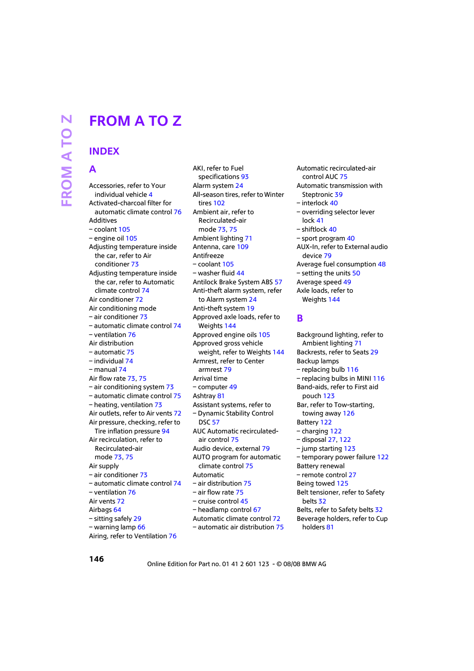 From a to z, Index, Index a | Mini 2009 Cooper User Manual | Page 148 / 160