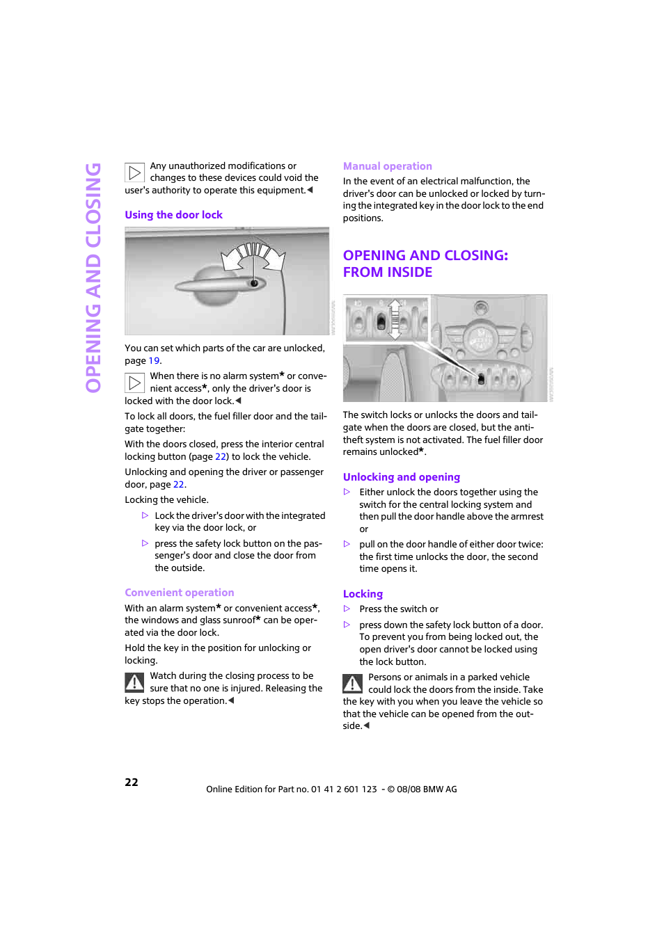 Opening and closing: from inside, Open ing and closing | Mini 2009 Cooper User Manual | Page 24 / 160