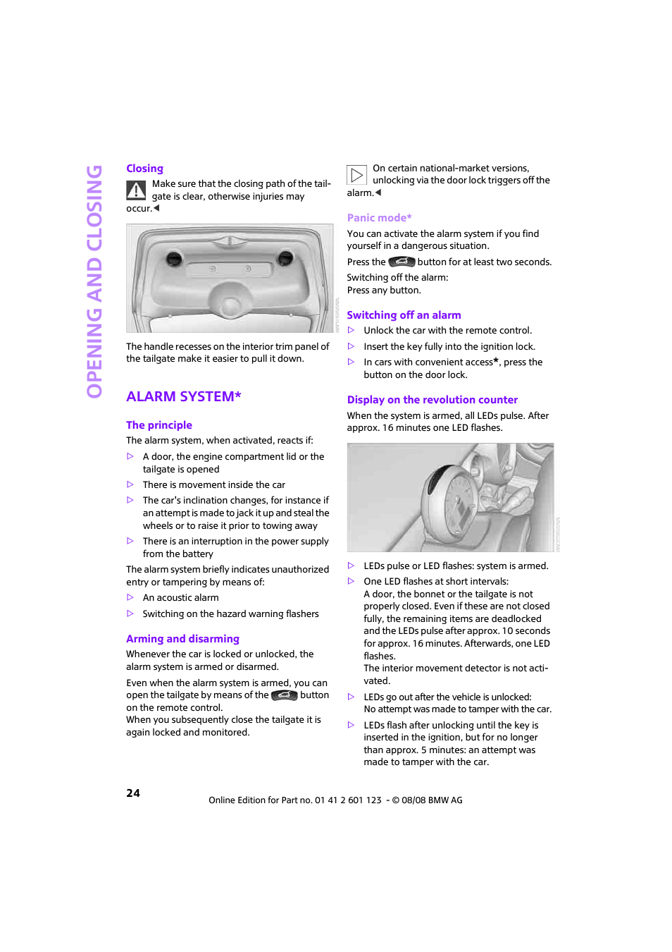 Alarm system, Open ing and closing | Mini 2009 Cooper User Manual | Page 26 / 160