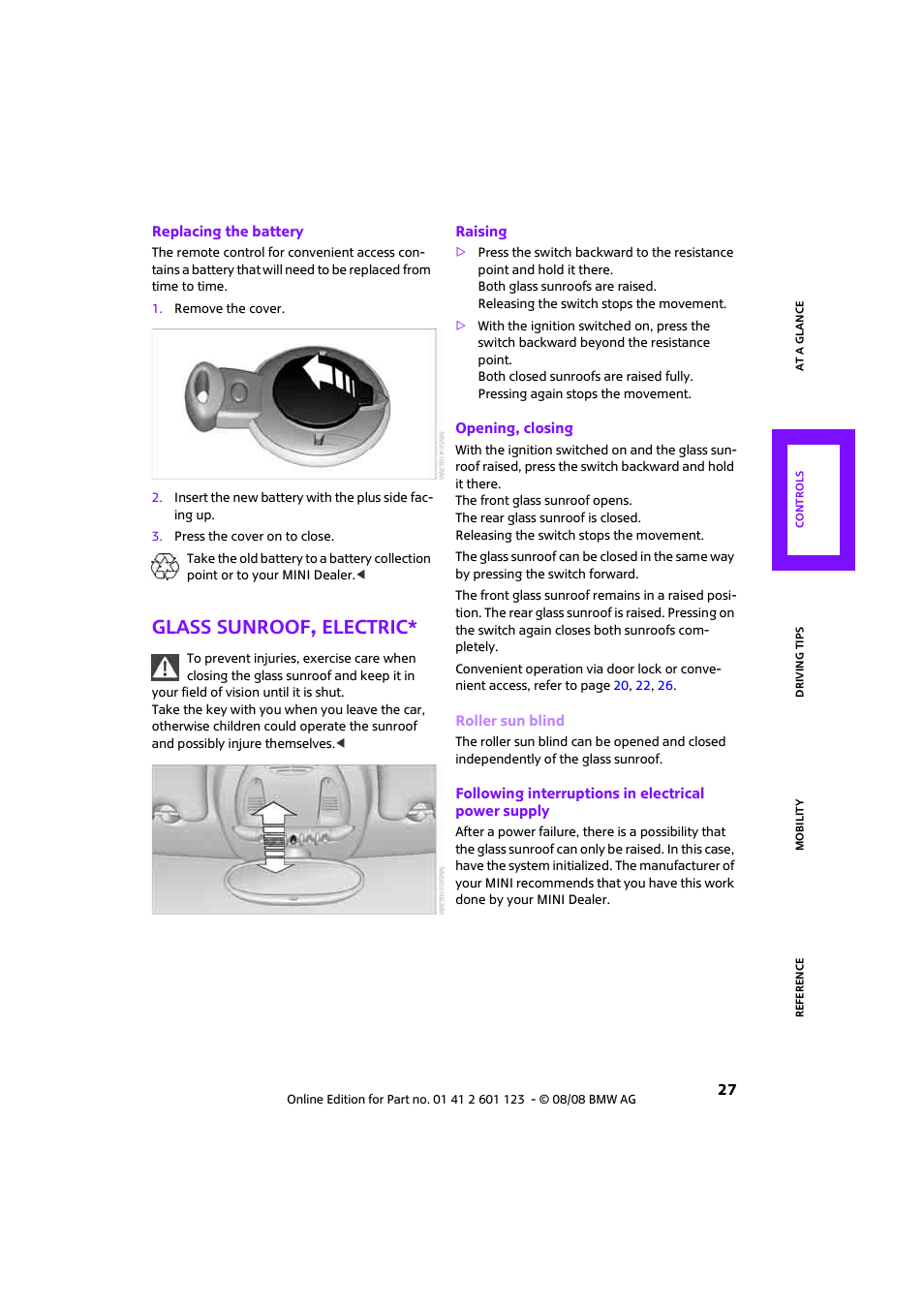 Glass sunroof, electric | Mini 2009 Cooper User Manual | Page 29 / 160