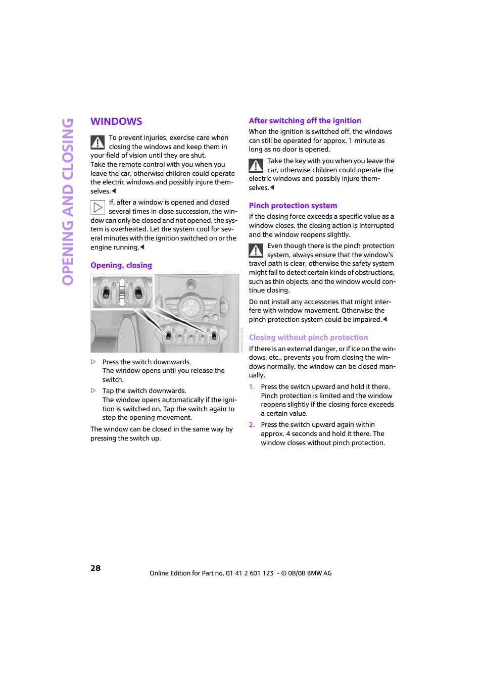 Windows, Open ing and closing | Mini 2009 Cooper User Manual | Page 30 / 160