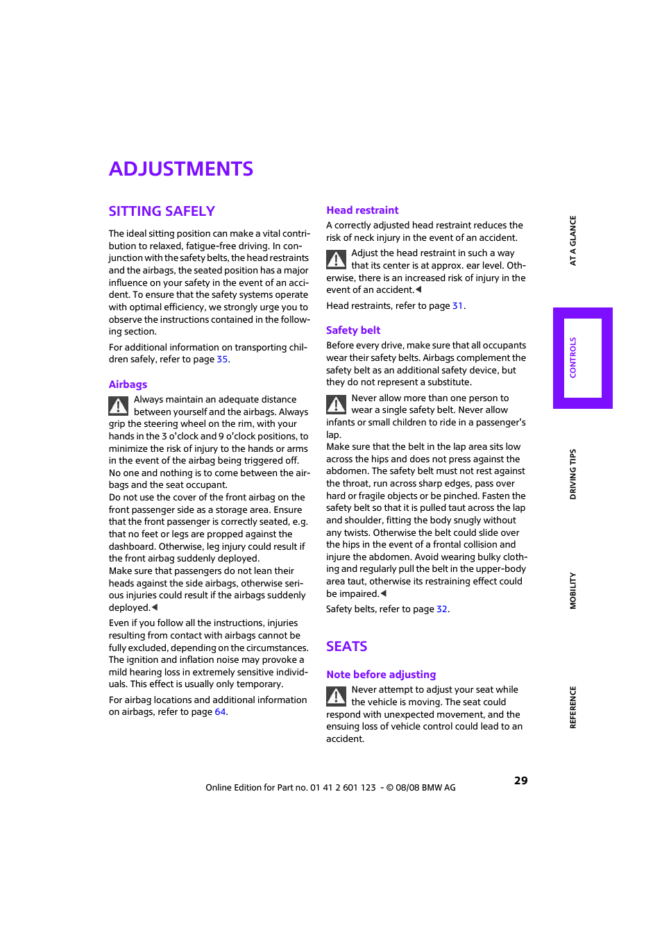 Adjustments, Sitting safely, Seats | Mini 2009 Cooper User Manual | Page 31 / 160