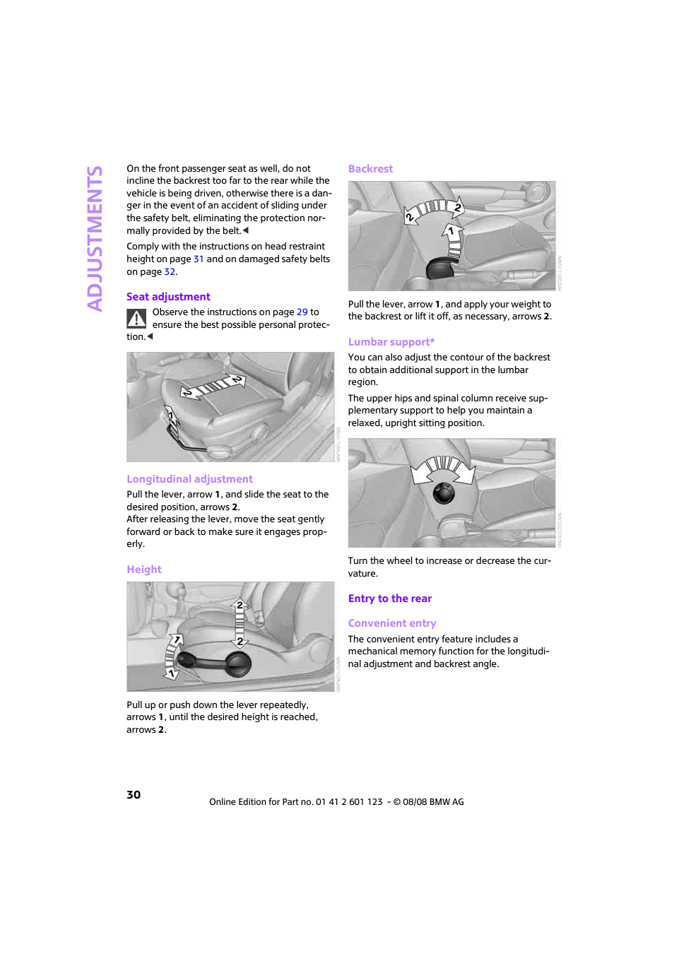 Adjustments | Mini 2009 Cooper User Manual | Page 32 / 160