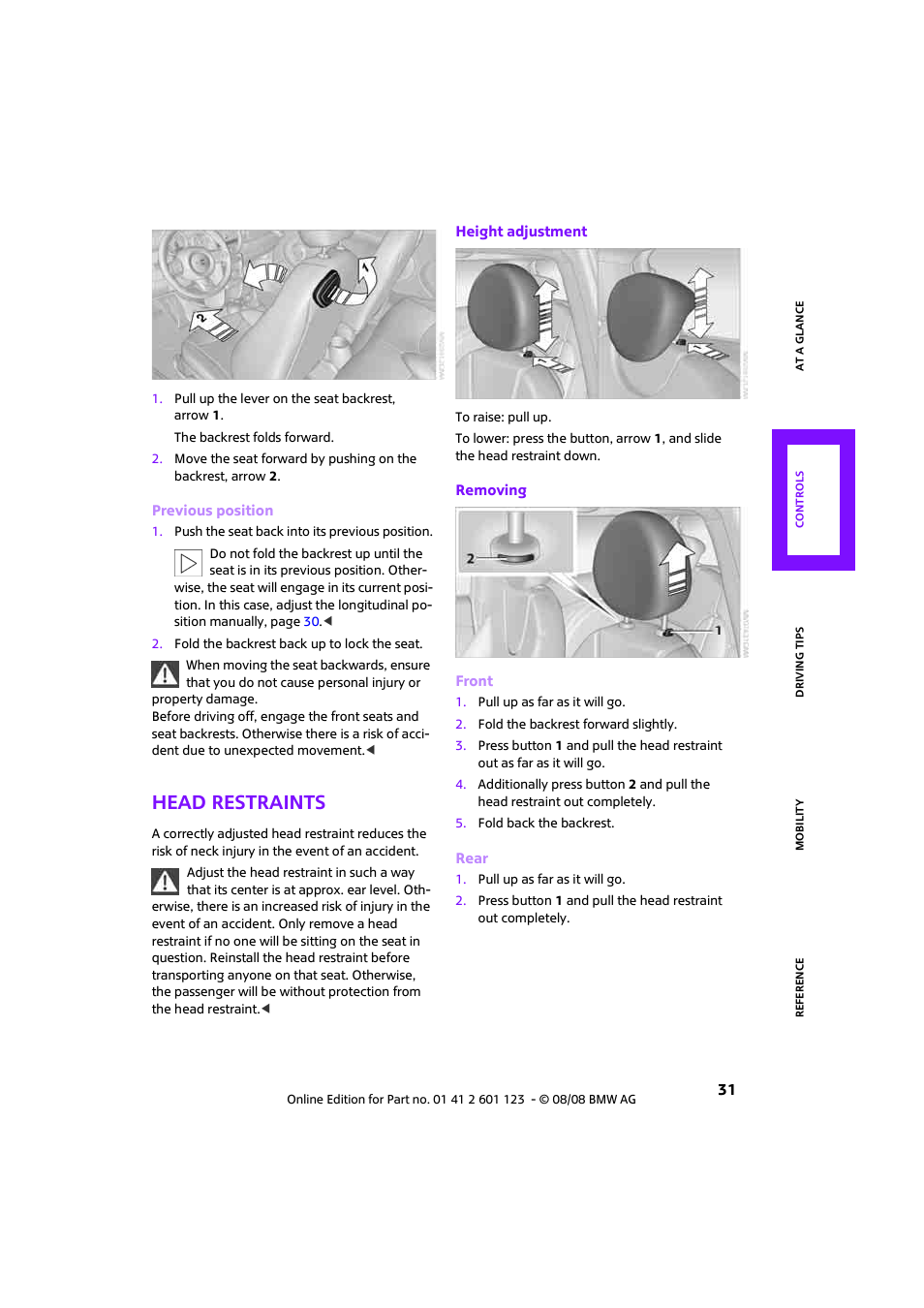 Head restraints | Mini 2009 Cooper User Manual | Page 33 / 160