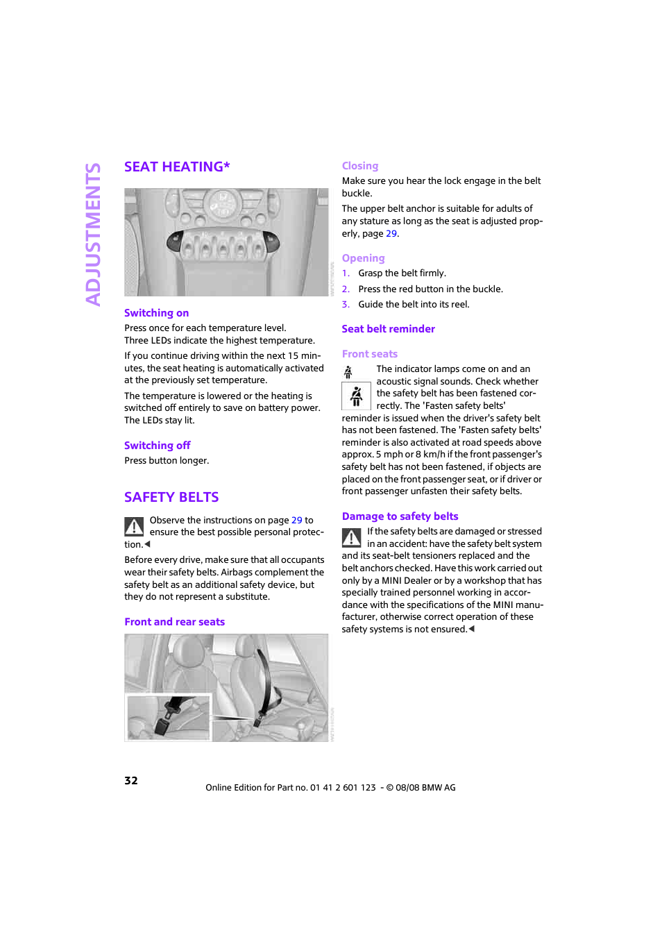 Seat heating, Safety belts, Adjustments | Mini 2009 Cooper User Manual | Page 34 / 160