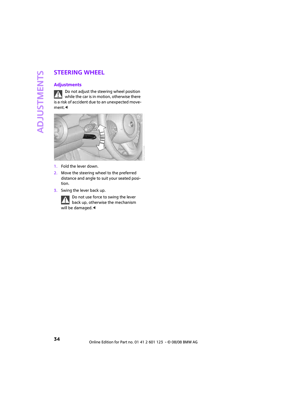Steering wheel, Adjustments | Mini 2009 Cooper User Manual | Page 36 / 160