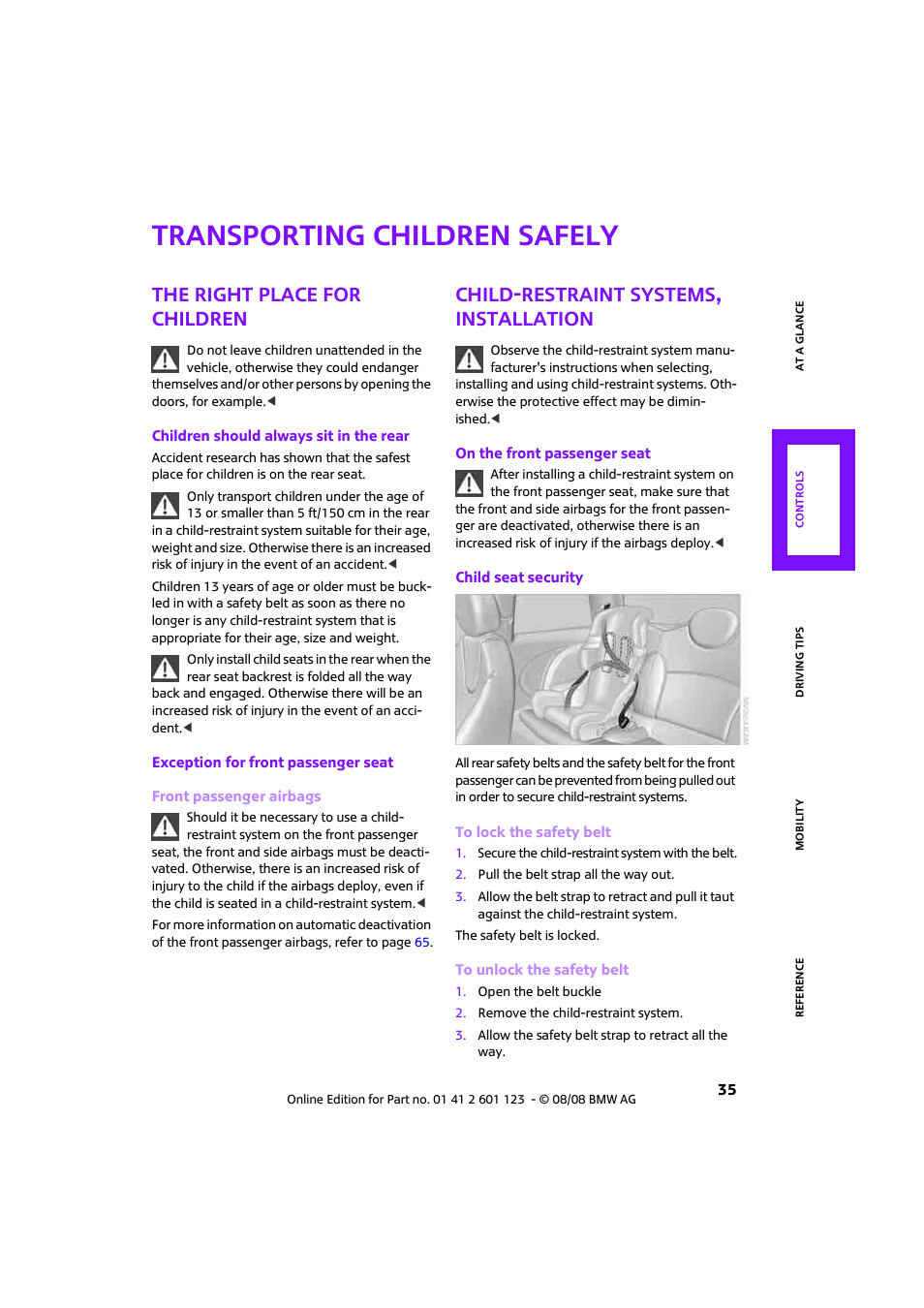 Transporting children safely, The right place for children, Child-restraint systems, installation | Mini 2009 Cooper User Manual | Page 37 / 160