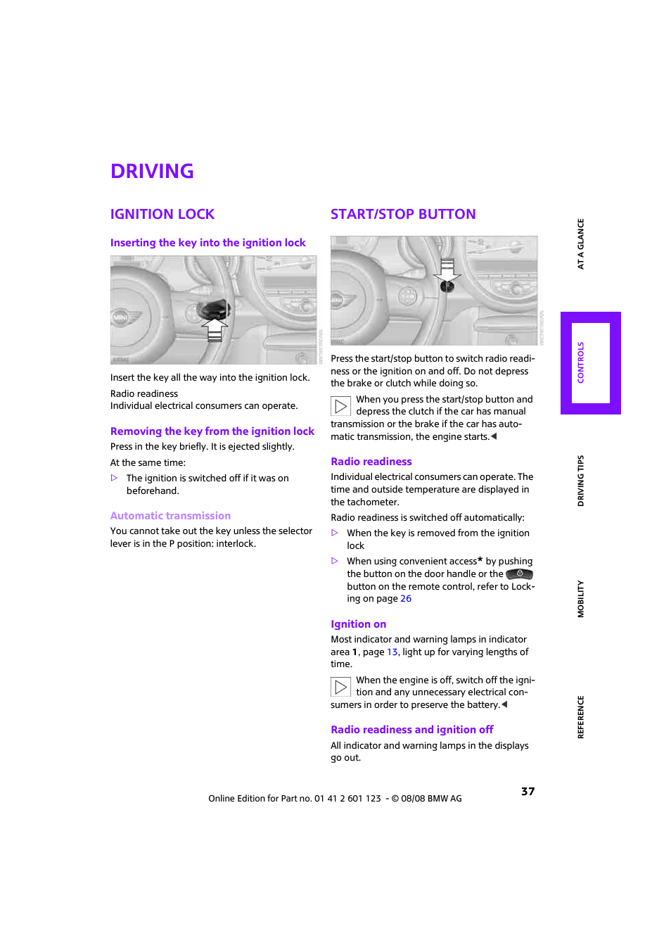 Driving, Ignition lock, Start/stop button | Mini 2009 Cooper User Manual | Page 39 / 160