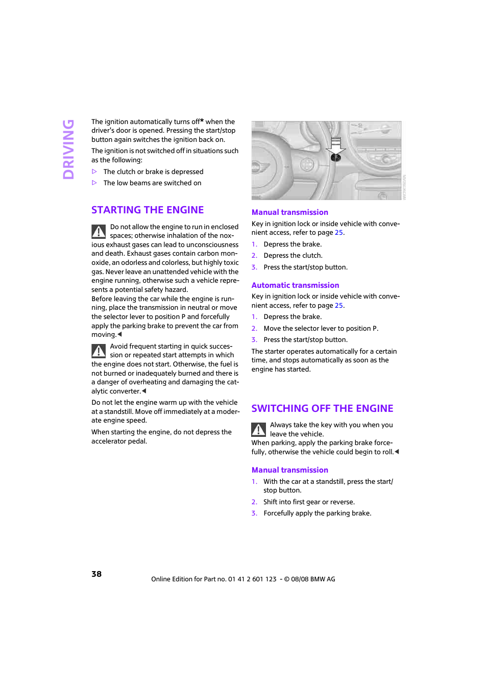 Starting the engine, Switching off the engine, Driving | Mini 2009 Cooper User Manual | Page 40 / 160