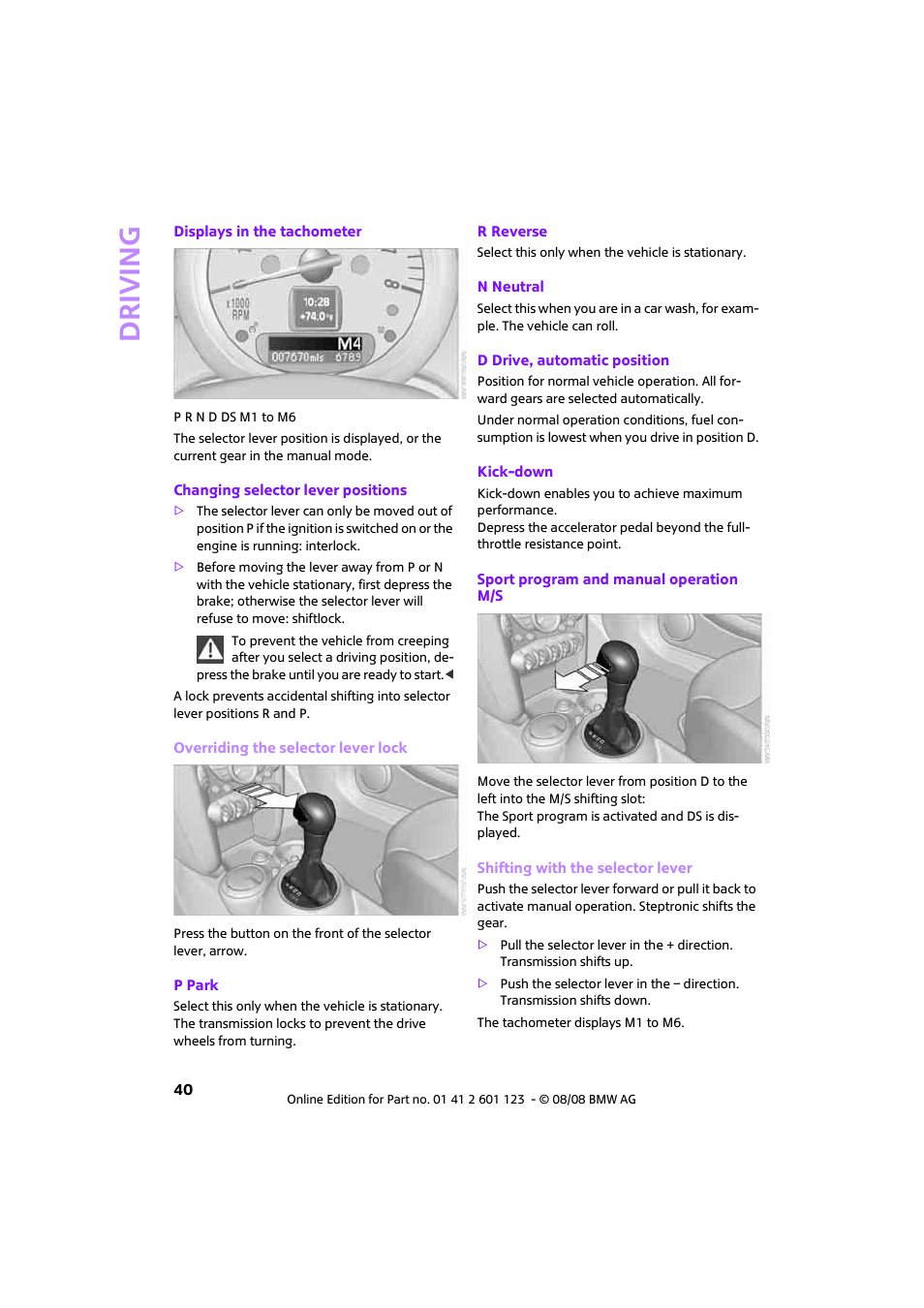 Driving | Mini 2009 Cooper User Manual | Page 42 / 160