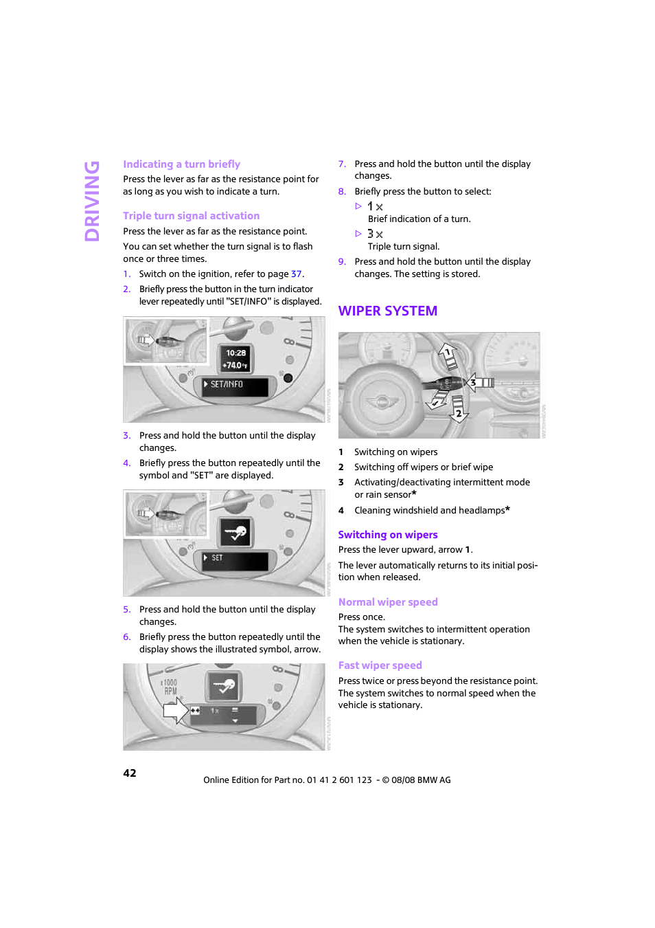 Wiper system, Driving | Mini 2009 Cooper User Manual | Page 44 / 160