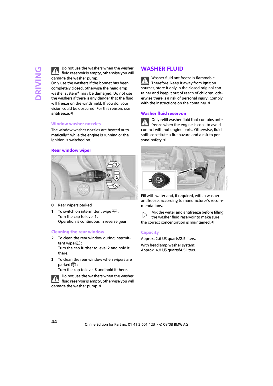 Washer fluid, Driving | Mini 2009 Cooper User Manual | Page 46 / 160