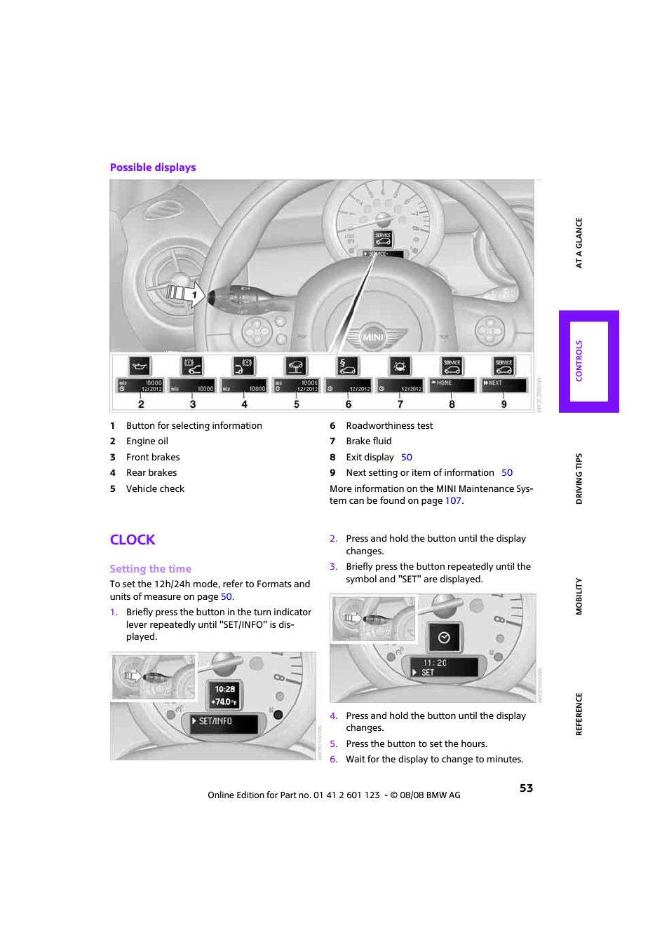 Clock, Setting the time | Mini 2009 Cooper User Manual | Page 55 / 160