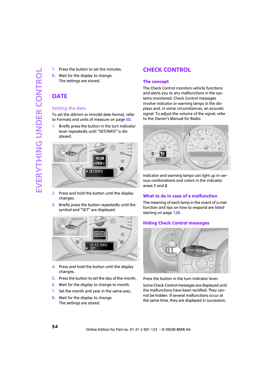 Date, Check control, Ever yth ing under control | Mini 2009 Cooper User Manual | Page 56 / 160