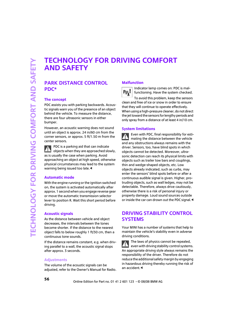 Technology for driving comfort and safety, Park distance control pdc, Driving stability control systems | Mini 2009 Cooper User Manual | Page 58 / 160