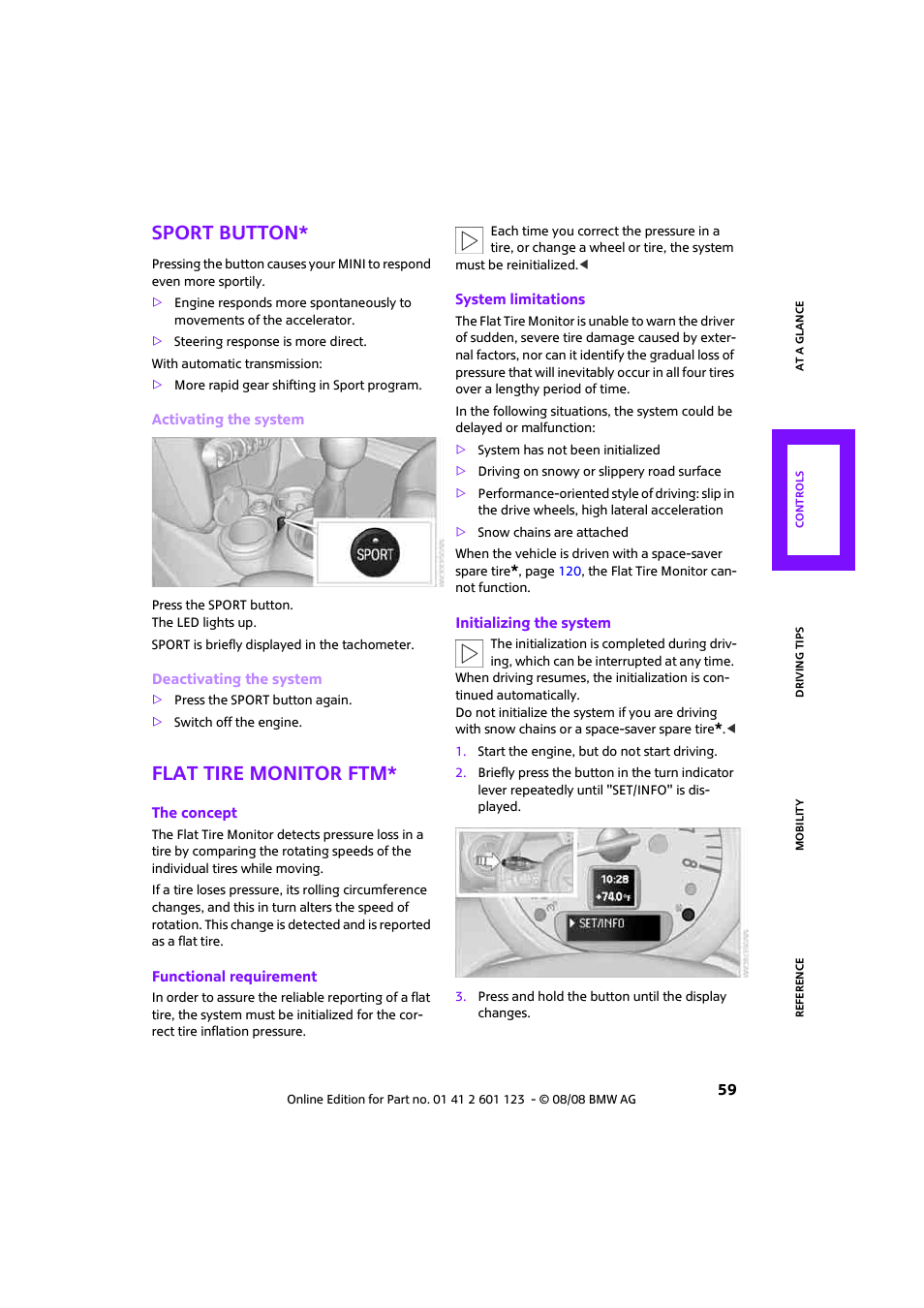 Sport button, Flat tire monitor ftm | Mini 2009 Cooper User Manual | Page 61 / 160