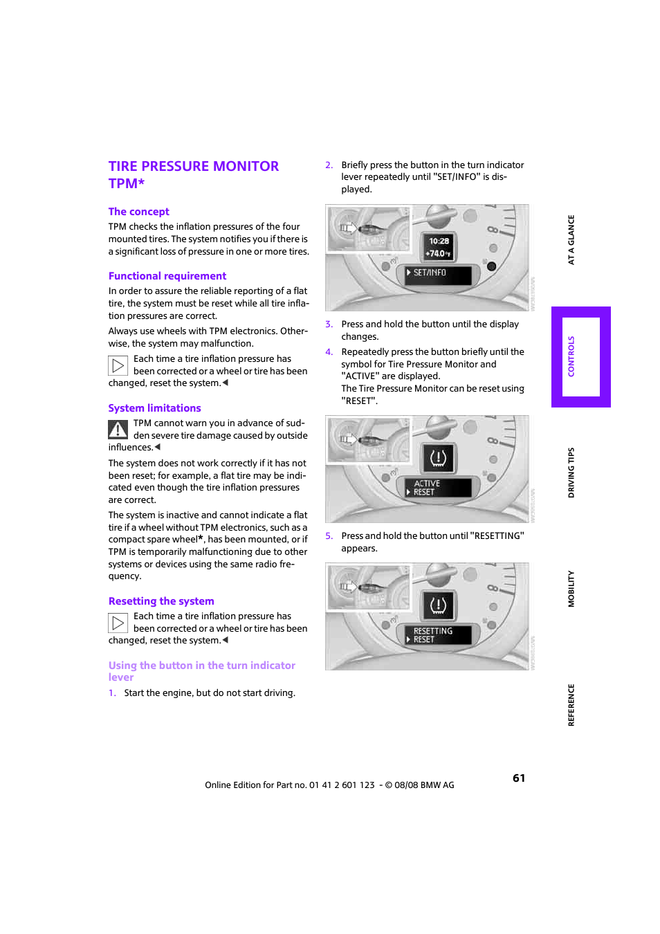 Tire pressure monitor tpm | Mini 2009 Cooper User Manual | Page 63 / 160