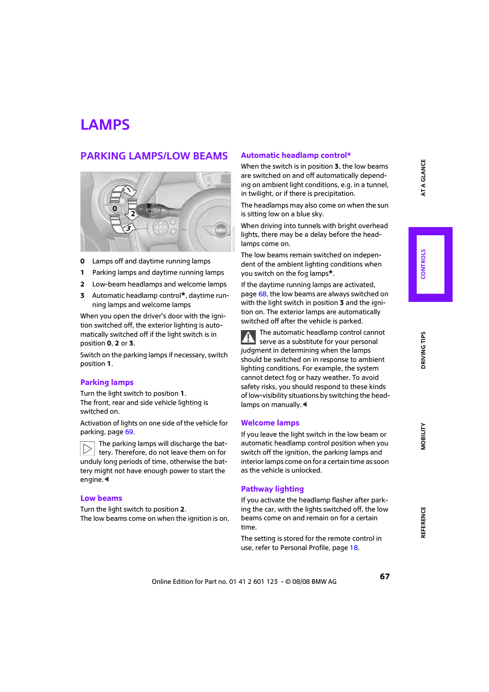 Lamps, Parking lamps/low beams | Mini 2009 Cooper User Manual | Page 69 / 160