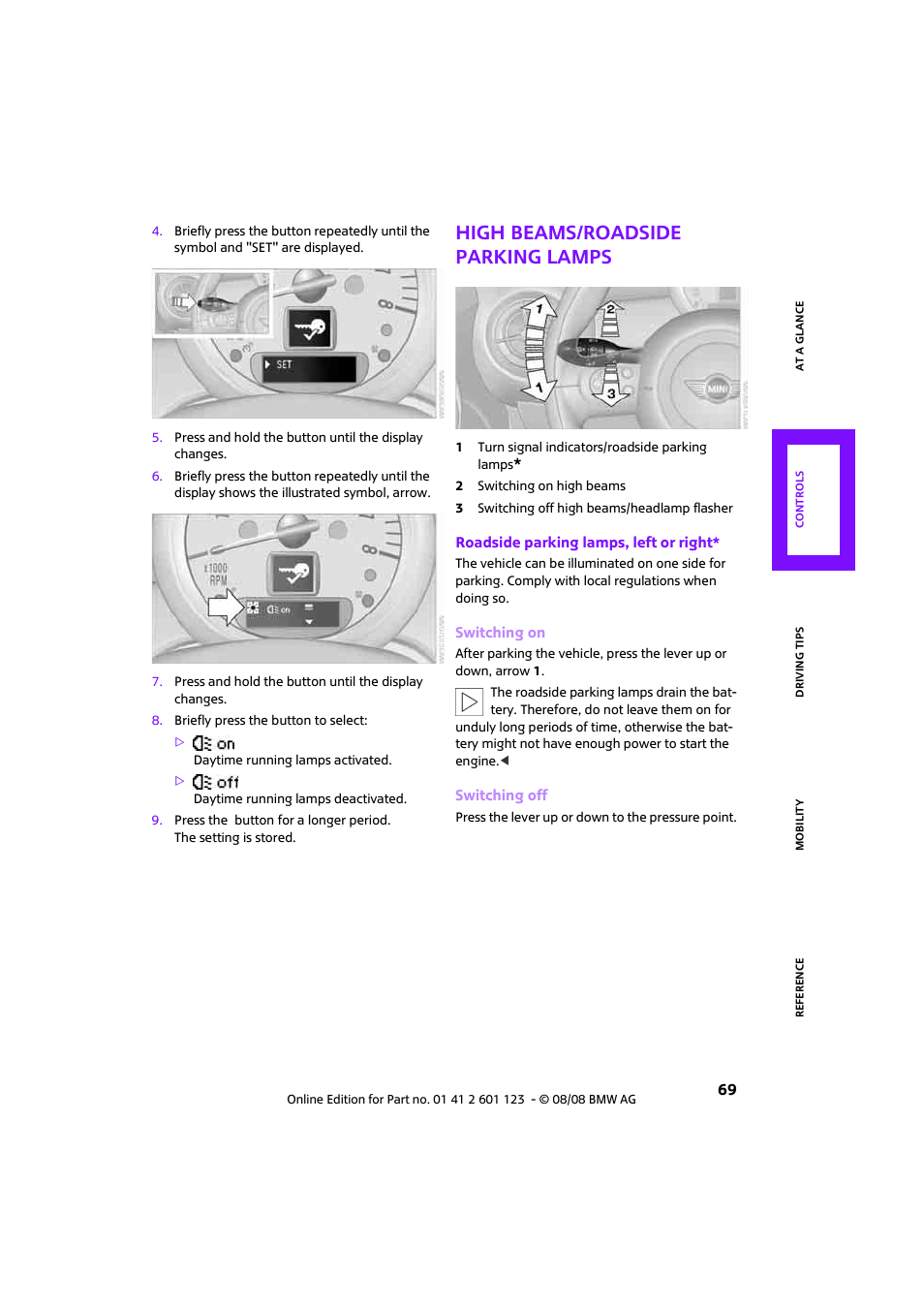 High beams/roadside parking lamps | Mini 2009 Cooper User Manual | Page 71 / 160