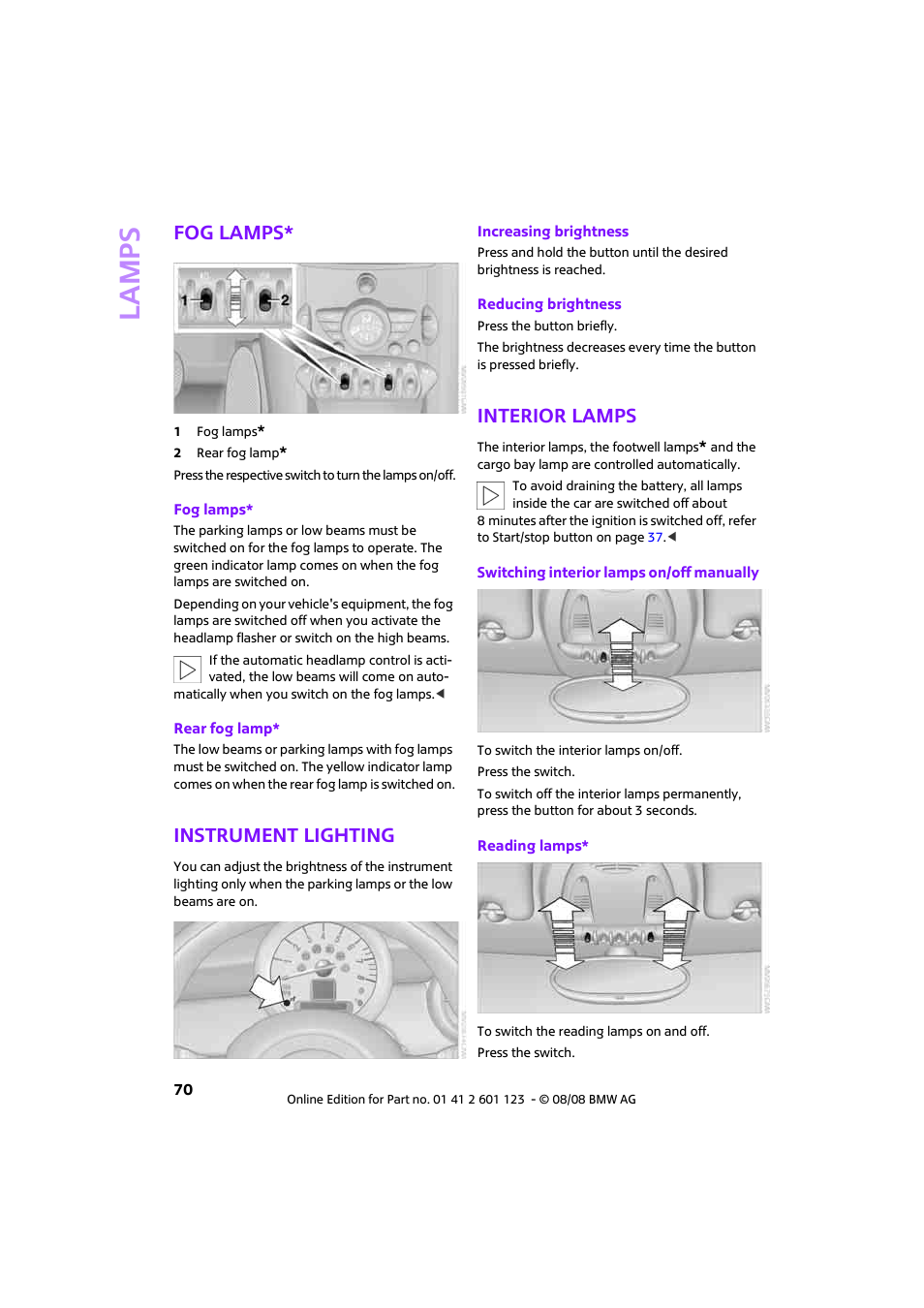 Fog lamps, Instrument lighting, Interior lamps | Lamp s | Mini 2009 Cooper User Manual | Page 72 / 160