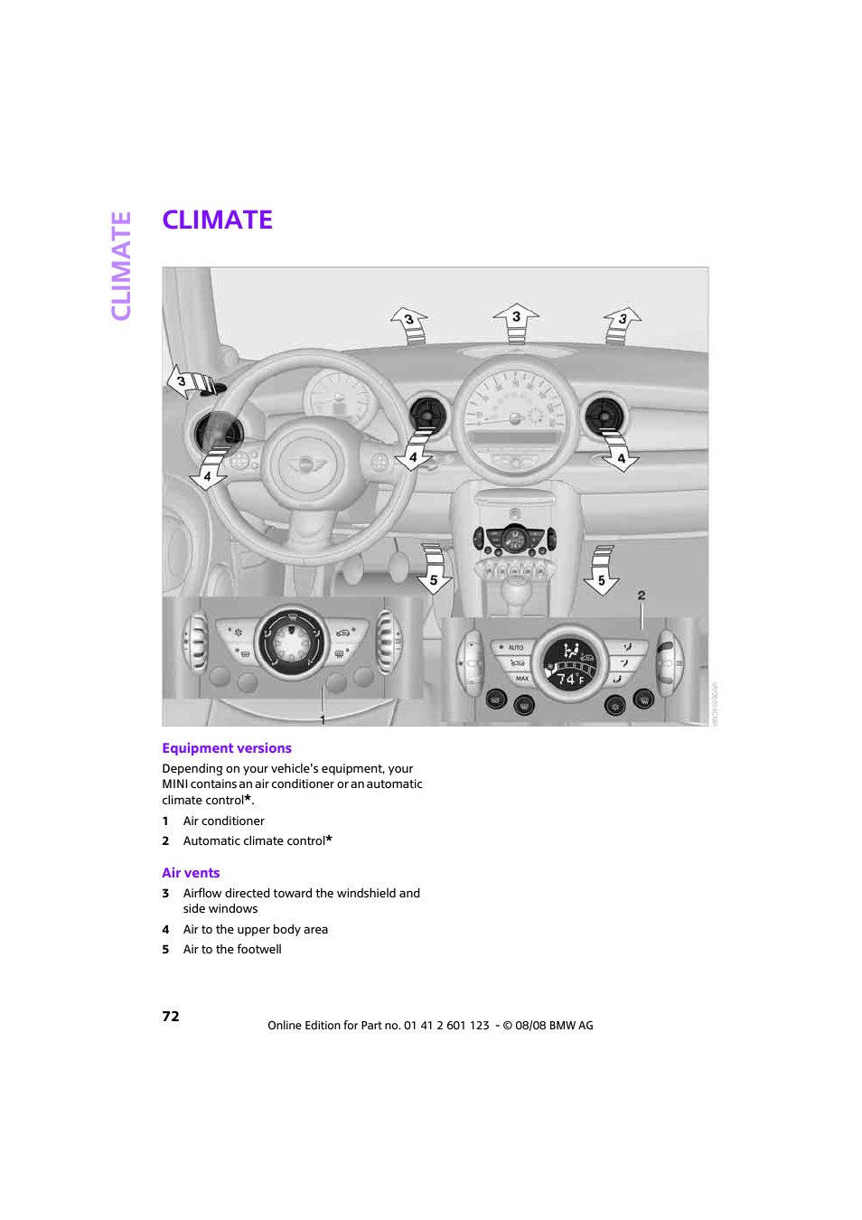 Climate, Climat e | Mini 2009 Cooper User Manual | Page 74 / 160